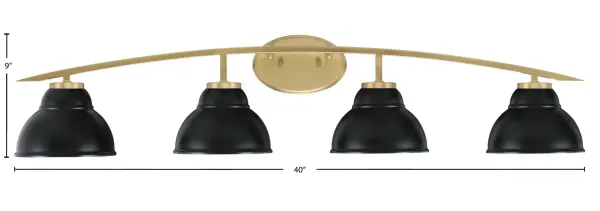 The Kurve 4-Light Bath Bar combines contemporary style with functional lighting. Its New Age Brass finish paired with Matte Black double bubble shades creates a bold, modern aesthetic perfect for updating bathroom spaces. - alternate view