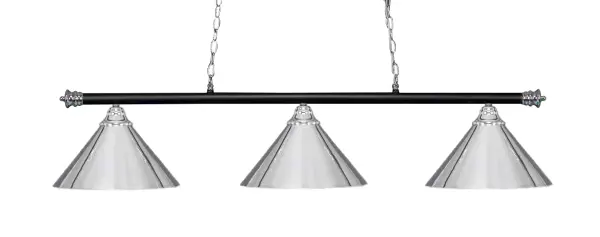 The Oxford 3-Light Island Chandelier combines chrome and matte black finishes for a striking contemporary look. With three 14-inch cone shades and 54-inch linear design, it's ideal for kitchen islands and dining tables.
