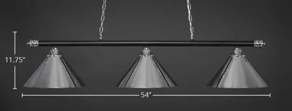 The Oxford 3-Light Island Chandelier combines chrome and matte black finishes for a striking contemporary look. With three 14-inch cone shades and 54-inch linear design, it's ideal for kitchen islands and dining tables. - alternate view