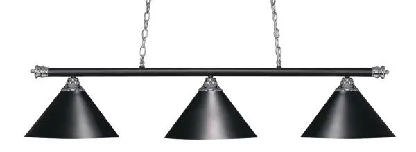 The Oxford 3-Light Bar combines sleek chrome and matte black finishes with cone-shaped metal shades for a striking industrial aesthetic. Its 54-inch length makes it ideal for kitchen islands and dining tables.