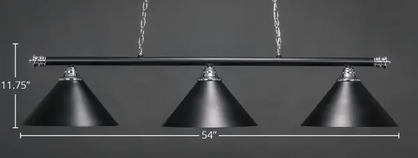The Oxford 3-Light Bar combines sleek chrome and matte black finishes with cone-shaped metal shades for a striking industrial aesthetic. Its 54-inch length makes it ideal for kitchen islands and dining tables. - alternate view