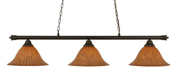The Oxford 3-Light Bar combines sophisticated Dark Granite finish with striking Tiger Glass shades, creating a stunning focal point over kitchen islands or dining tables. Highly adjustable with 10 feet of chain per side.