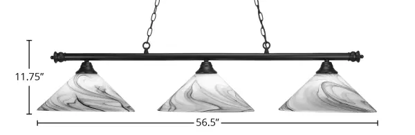 The Oxford 3-Light Island Pendant combines contemporary style with practical illumination. Its matte black finish and distinctive onyx swirl glass create visual interest while the 56.5-inch span provides excellent coverage for islands and dining tables. - alternate view