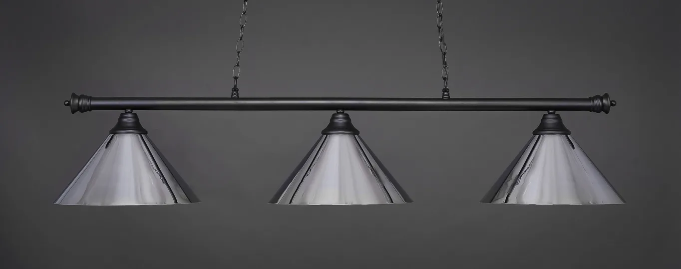 Oxford 3 Light Bar Shown In Matte Black Finish With 14” Chrome Cone Metal Shades