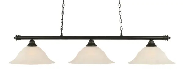 The Oxford 3-Light Island Pendant combines timeless billiard styling with modern versatility. Its 55.5-inch linear design and matte black finish complement both traditional and contemporary spaces, while white marble glass shades provide warm, diffused lighting.