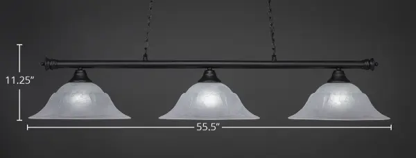 The Oxford 3-Light Island Pendant combines timeless billiard styling with modern versatility. Its 55.5-inch linear design and matte black finish complement both traditional and contemporary spaces, while white marble glass shades provide warm, diffused lighting. - alternate view