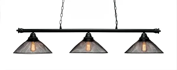 The Oxford 3-Light Island Pendant combines industrial mesh shades with warm amber LED lighting to create inviting ambiance. Its 54-inch linear design perfectly suits kitchen islands and dining tables, while the matte black finish adds modern sophistication.