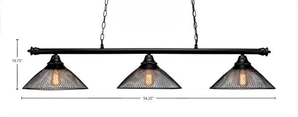The Oxford 3-Light Island Pendant combines industrial mesh shades with warm amber LED lighting to create inviting ambiance. Its 54-inch linear design perfectly suits kitchen islands and dining tables, while the matte black finish adds modern sophistication. - alternate view