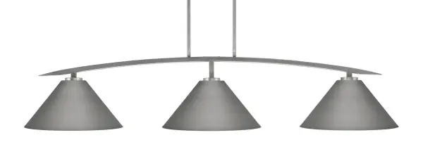 The Kurve 3-Light Bar combines sleek graphite finish with classic cone shades for a sophisticated industrial look. Highly adjustable hanging height and sloped ceiling compatibility make it perfect for kitchen islands and dining areas.