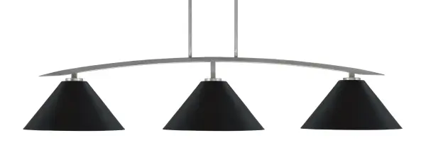 The Kurve 3-Light Bar combines industrial charm with modern functionality. Its graphite finish and matte black cone shades create dramatic task lighting over islands and dining tables. Adjustable height and sloped ceiling compatibility make it versatile.