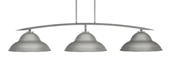 The Kurve 3-Light Bar combines industrial style with modern functionality, featuring distinctive double bubble metal shades in graphite finish. Its 55.75-inch length makes it ideal for kitchen islands and dining tables.