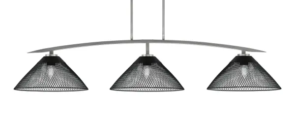 The Kurve 3-Light Bar combines industrial mesh shades with a sophisticated graphite finish, creating a striking focal point over islands and dining tables. Fully adjustable height and sloped ceiling compatibility make it versatile.