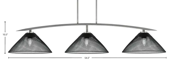 The Kurve 3-Light Bar combines industrial mesh shades with a sophisticated graphite finish, creating a striking focal point over islands and dining tables. Fully adjustable height and sloped ceiling compatibility make it versatile. - alternate view