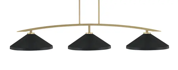 The Kurve 3-Light Bar combines New Age Brass warmth with Matte Black cone shades for a striking industrial-modern aesthetic. Perfect for kitchen islands and dining areas, it delivers focused task lighting with adjustable height and sloped ceiling compatibility.
