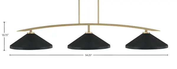 The Kurve 3-Light Bar combines New Age Brass warmth with Matte Black cone shades for a striking industrial-modern aesthetic. Perfect for kitchen islands and dining areas, it delivers focused task lighting with adjustable height and sloped ceiling compatibility. - alternate view