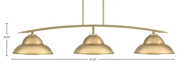 The Kurve 3-Light Bar brings industrial sophistication with its distinctive double bubble metal shades and warm New Age Brass finish. Perfect for kitchen islands and dining areas, this 53-inch linear pendant provides ample task lighting while making a bold design statement. - alternate view
