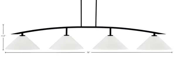 The Kurve 4-Light Island Pendant combines contemporary design with timeless elegance. Its 76-inch linear profile and matte black finish create dramatic impact, while white marble glass shades soften the look with sophisticated texture. - alternate view