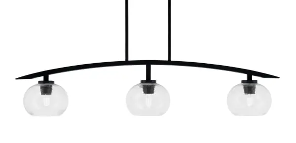 The Kurve 3-Light Island Pendant combines industrial charm with contemporary design, featuring distinctive clear bubble glass shades and a sleek matte black finish. Its 41-inch linear profile provides excellent task lighting over kitchen islands and dining tables while making a bold style statement.