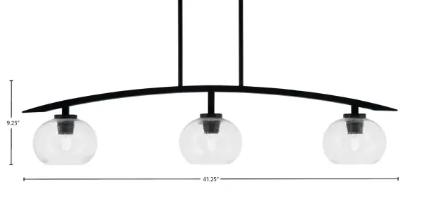 The Kurve 3-Light Island Pendant combines industrial charm with contemporary design, featuring distinctive clear bubble glass shades and a sleek matte black finish. Its 41-inch linear profile provides excellent task lighting over kitchen islands and dining tables while making a bold style statement. - alternate view