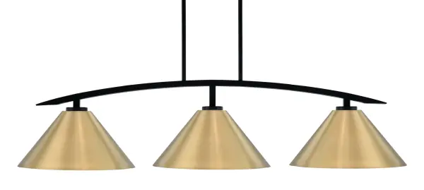 The Kurve 3-Light Island Pendant combines industrial design with contemporary elegance through its matte black framework and distinctive brass cone shades. Perfect for modern kitchens and dining spaces seeking bold style.