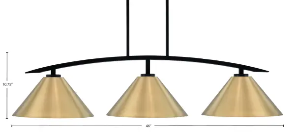 The Kurve 3-Light Island Pendant combines industrial design with contemporary elegance through its matte black framework and distinctive brass cone shades. Perfect for modern kitchens and dining spaces seeking bold style. - alternate view