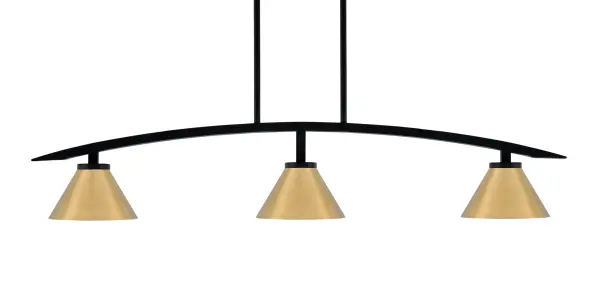 The Kurve 3-Light Island Pendant combines sleek matte black construction with warm New Age Brass cone shades, creating a sophisticated industrial aesthetic. Its 41-inch linear design and adjustable hanging height make it versatile for various ceiling heights and table sizes.