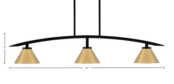 The Kurve 3-Light Island Pendant combines sleek matte black construction with warm New Age Brass cone shades, creating a sophisticated industrial aesthetic. Its 41-inch linear design and adjustable hanging height make it versatile for various ceiling heights and table sizes. - alternate view
