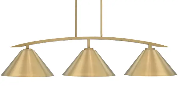The Kurve 3-Light Island Pendant combines modern industrial design with warm New Age Brass finish. Three cone-shaped metal shades provide focused task lighting, perfect for kitchen islands and dining tables. Adjustable hanging height and dimmable capability offer versatility.