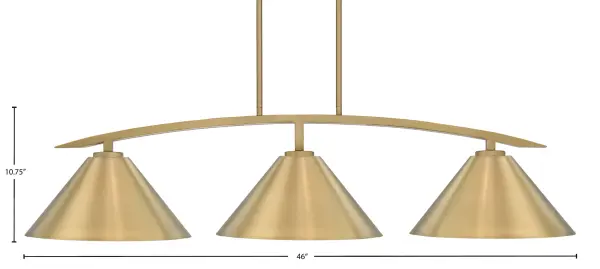 The Kurve 3-Light Island Pendant combines modern industrial design with warm New Age Brass finish. Three cone-shaped metal shades provide focused task lighting, perfect for kitchen islands and dining tables. Adjustable hanging height and dimmable capability offer versatility. - alternate view