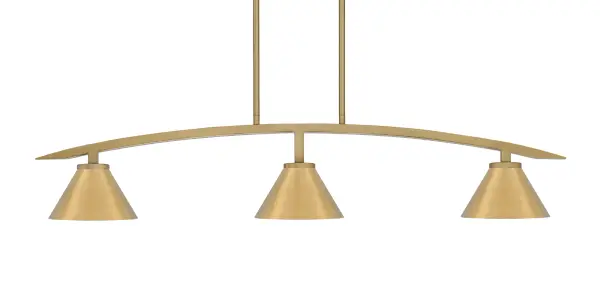 The Kurve 3-Light Island Pendant combines contemporary design with industrial charm. Its New Age Brass finish and cone-shaped metal shades create focused task lighting perfect for kitchen islands and dining tables.