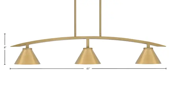 The Kurve 3-Light Island Pendant combines contemporary design with industrial charm. Its New Age Brass finish and cone-shaped metal shades create focused task lighting perfect for kitchen islands and dining tables. - alternate view