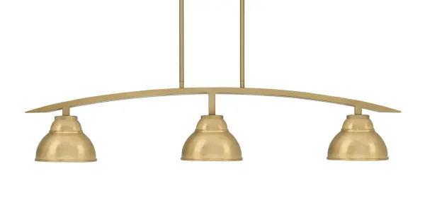 The Kurve 3-Light Island Light brings contemporary elegance with its New Age Brass finish and unique double bubble metal shades. Perfect for kitchen islands and dining areas, this 41-inch fixture offers adjustable hanging height and dimmable functionality.