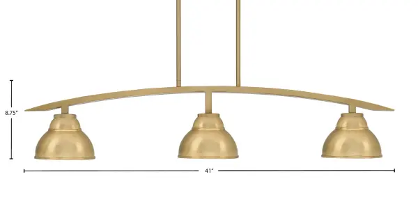 The Kurve 3-Light Island Light brings contemporary elegance with its New Age Brass finish and unique double bubble metal shades. Perfect for kitchen islands and dining areas, this 41-inch fixture offers adjustable hanging height and dimmable functionality. - alternate view