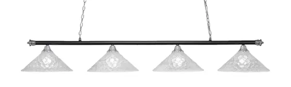 The Oxford 4 Light Bar combines contemporary chrome and matte black finishes with artisan Italian bubble glass for a sophisticated statement piece. Its 76-inch length makes it perfect for large islands and dining tables.