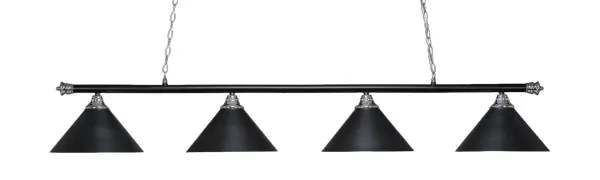 The Oxford 4 Light Bar combines striking chrome and matte black finishes with cone-shaped metal shades, creating a statement piece perfect for kitchen islands and dining areas. Its 74-inch length and adjustable height make it ideal for large spaces.