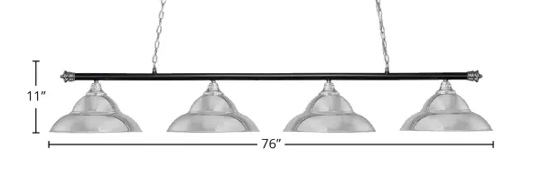 The Oxford 4-Light Island Chandelier makes a dramatic statement with its 76-inch linear design and unique chrome double bubble shades. The contemporary two-tone finish combines sleek chrome with matte black accents for modern sophistication. - alternate view