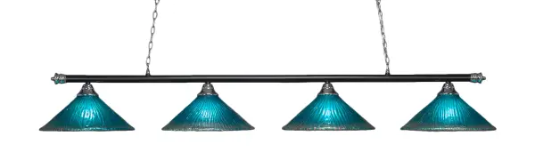 The Oxford 4-Light Bar makes a dramatic statement with its impressive 76-inch length and eye-catching teal crystal glass shades. The contemporary chrome and matte black finish combination creates visual interest while the adjustable chain allows for perfect positioning over long islands or dining tables.