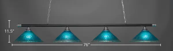 The Oxford 4-Light Bar makes a dramatic statement with its impressive 76-inch length and eye-catching teal crystal glass shades. The contemporary chrome and matte black finish combination creates visual interest while the adjustable chain allows for perfect positioning over long islands or dining tables. - alternate view