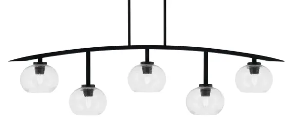 The Kurve 5-Light Island Chandelier combines contemporary styling with industrial charm. Its matte black finish and unique clear bubble glass shades create soft, diffused lighting perfect for kitchen islands and dining areas.