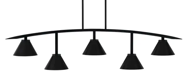 The Kurve 5-Light Bar combines sleek modern design with industrial charm. Its matte black finish and cone-shaped metal shades create focused task lighting ideal for kitchen islands, dining areas, and game rooms.