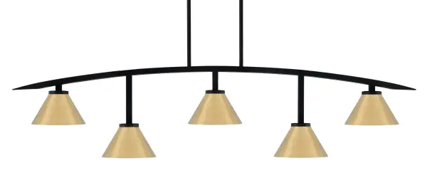 The Kurve 5-Light Bar combines sleek matte black with warm brass cone shades for a striking modern aesthetic. Its 51-inch length makes it ideal for kitchen islands and dining tables, while adjustable hanging height ensures perfect placement.