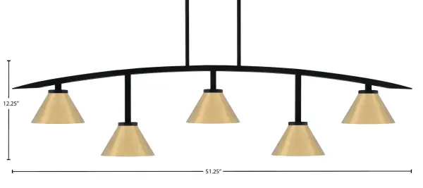 The Kurve 5-Light Bar combines sleek matte black with warm brass cone shades for a striking modern aesthetic. Its 51-inch length makes it ideal for kitchen islands and dining tables, while adjustable hanging height ensures perfect placement. - alternate view