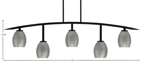 The Kurve 5-Light Bar combines contemporary style with industrial edge through its matte black finish and graphite oval shades. Spanning over 4 feet, this fixture provides excellent task lighting for islands and dining areas while making a bold design statement. - alternate view