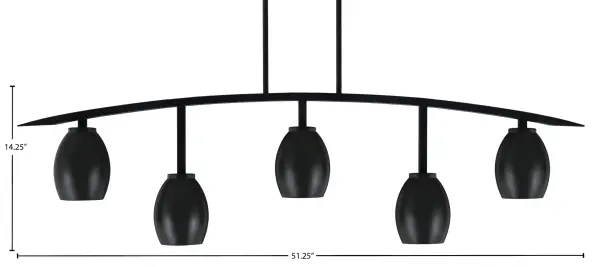 The Kurve 5-Light Bar delivers contemporary style with its sleek matte black finish and distinctive oval metal shades. Spanning over 4 feet, this fixture provides excellent task lighting for islands and dining areas while making a bold design statement. - alternate view