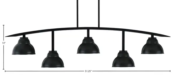 The Kurve 5-Light Bar delivers contemporary style with its sleek matte black finish and distinctive double bubble metal shades. At over 4 feet long, this fixture provides excellent task lighting for islands and dining areas. - alternate view