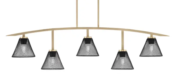 Kurve 5-Light Island Chandelier in New Age Brass with Matte Black Mesh Shades - Image 1