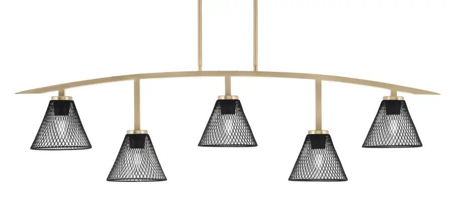 Kurve 5-Light Island Chandelier in New Age Brass with Matte Black Mesh Shades - Image 1