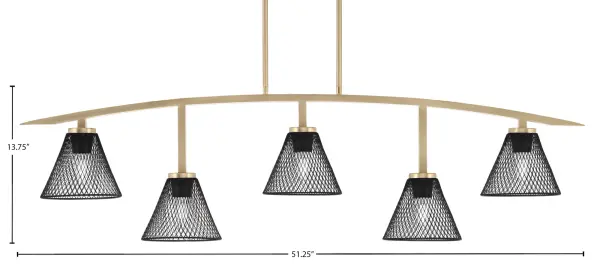 Kurve 5-Light Island Chandelier in New Age Brass with Matte Black Mesh Shades - Image 2