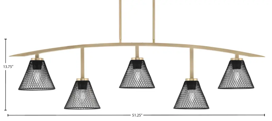 Kurve 5-Light Island Chandelier in New Age Brass with Matte Black Mesh Shades - Image 2