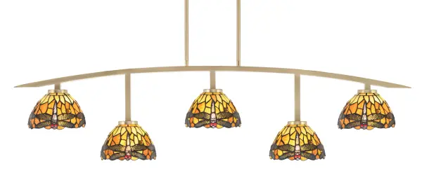 Kurve 5-Light Island Chandelier in New Age Brass with Amber Dragonfly Glass - Image 1